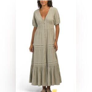 Lucky Brand Cotton Button Up Tiered Short Sleeve Maxi Dress Green Large